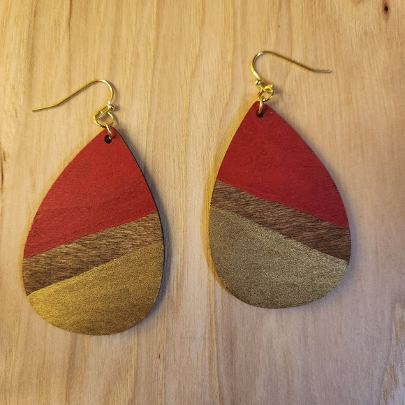 Earrings red gold teardrop wood - Picture 4 of 4